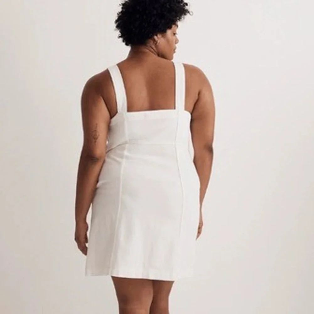 Madewell Square Neck Button-Front Denim Mini‎ Dress 14 White Sleeveless Pockets